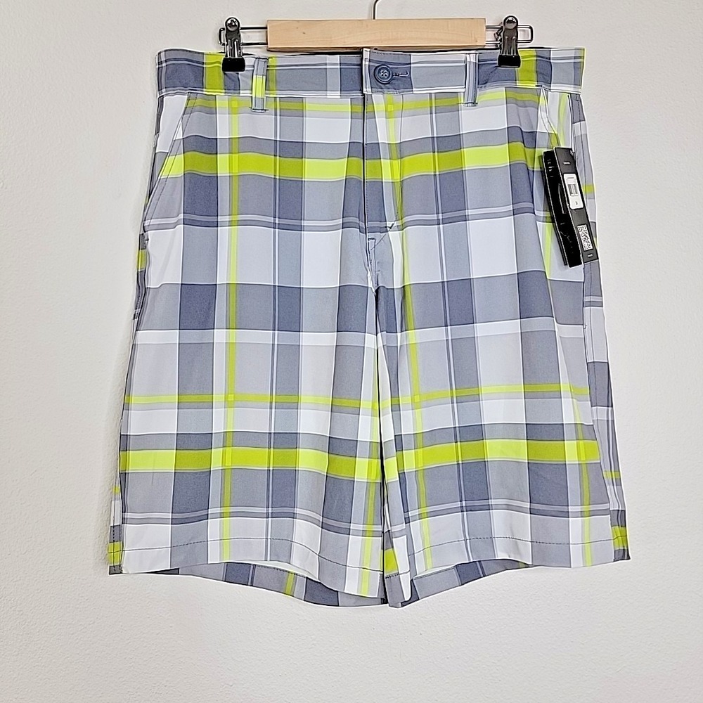OP Flex Swim Shorts Mens 34 Gray Plaid 4 Way Stretch Boardshorts NWT